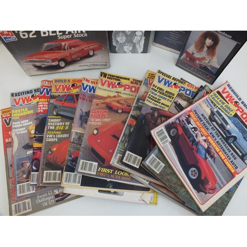 221 - SELECTION OF AUTOMOBIAL VW & PORSCHE MAGAZINES, 3 RETRO MUSIC VIDEO'S and A 62 BEL AIR SUPER STOCK B... 