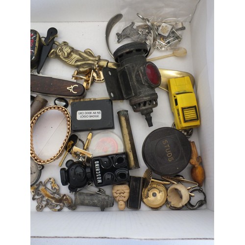 192 - BOX OF COLLECTABLES INCLUDES JEWELLERY, VINTAGE LENS, PENKNIFE, BICYCLE LAMP etc