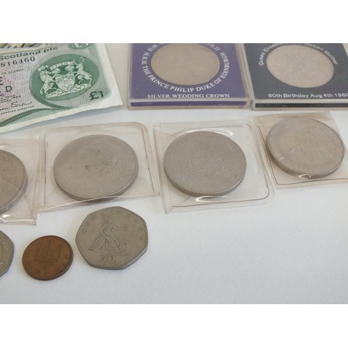 193 - COLLECTION OF OLD COINS AND NOTES INCLUDES £1 NOTES, COMMEMORATIVE COINS, 50 PENCES, PENNIES, THREE ... 