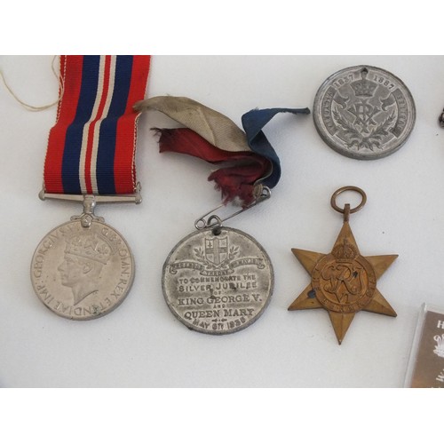 397 - SELECTION OF MEDAL AND COINS INCLUDES WWI MEDAL NAMED- PTE.I.WILKINSON K.O.Y.L.I