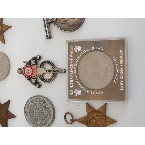 397 - SELECTION OF MEDAL AND COINS INCLUDES WWI MEDAL NAMED- PTE.I.WILKINSON K.O.Y.L.I