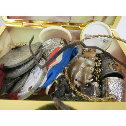 238 - TRAY OF COLLECTABLES INCLUDES MEDALS, SILVER SPOON, COINS, JEWELLERY etc