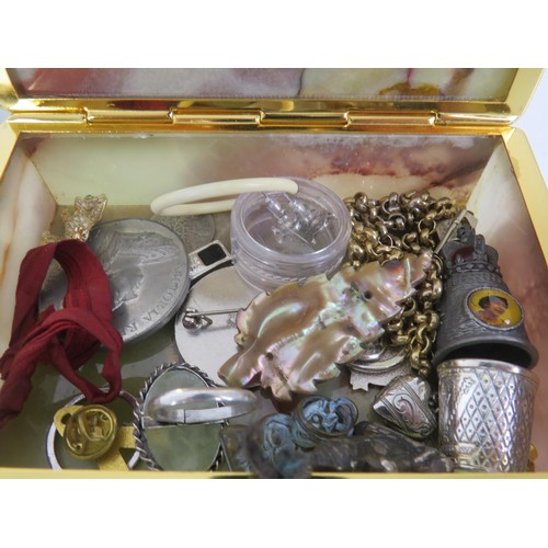 238 - TRAY OF COLLECTABLES INCLUDES MEDALS, SILVER SPOON, COINS, JEWELLERY etc