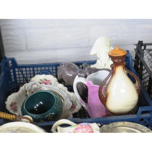 301 - SHELF LOT TO INCLUDE SELECTION OF CERAMIC WARE, NAPOLEON BUST, CRINOLINE LADY PATTERN TEA SET, GLASS... 