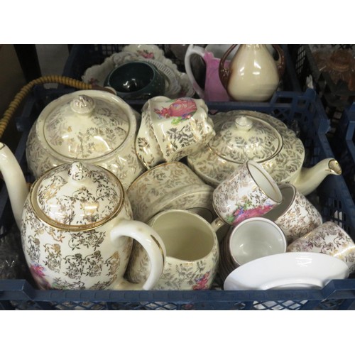 301 - SHELF LOT TO INCLUDE SELECTION OF CERAMIC WARE, NAPOLEON BUST, CRINOLINE LADY PATTERN TEA SET, GLASS... 