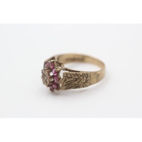 1 - 9ct Gold Diamond & Ruby Dress Ring With Textured Shank (2.8g)- Size L