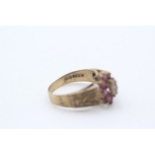 1 - 9ct Gold Diamond & Ruby Dress Ring With Textured Shank (2.8g)- Size L