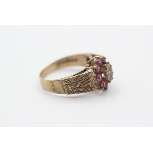 1 - 9ct Gold Diamond & Ruby Dress Ring With Textured Shank (2.8g)- Size L