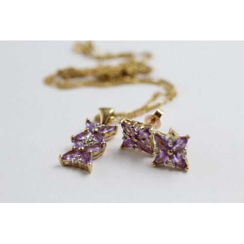 8 - 9ct Gold Diamond & Purple Gemstone Pendant Necklace & Stud Earrings Set (5.6g)