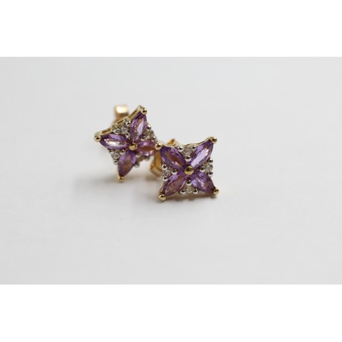 8 - 9ct Gold Diamond & Purple Gemstone Pendant Necklace & Stud Earrings Set (5.6g)