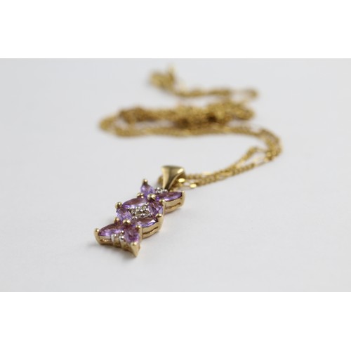 8 - 9ct Gold Diamond & Purple Gemstone Pendant Necklace & Stud Earrings Set (5.6g)