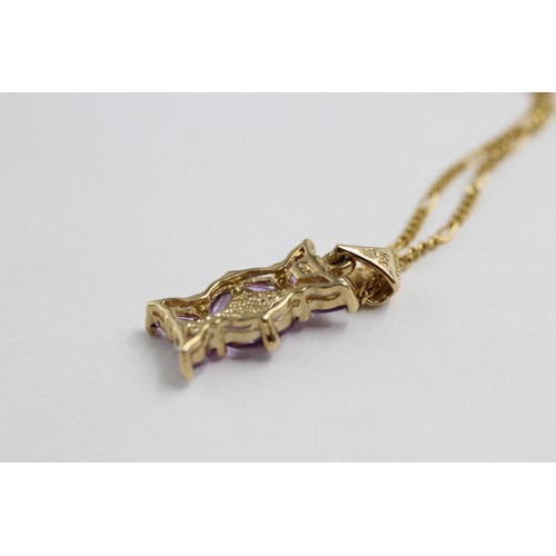 8 - 9ct Gold Diamond & Purple Gemstone Pendant Necklace & Stud Earrings Set (5.6g)