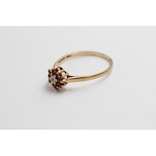 11 - 9ct Gold Diamond & Ruby Floral Cluster Ring (1.4g)- Size R