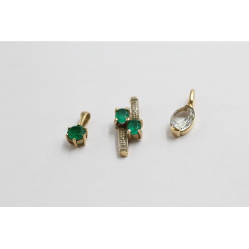 18 - 3 X 9ct Gold Diamond, Synthetic Emerald & Rock Quartz Pendants (1.3g)
