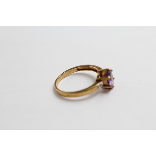 19 - 9ct Gold Amethyst Single Stone Ring With Diamond Sides (2.3g)- Size N