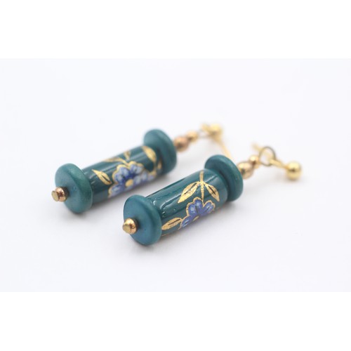 31 - 9ct Gold Blue Gemstone Drop Earrings With Enamel Floral Motif (3g)