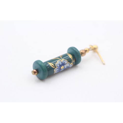 31 - 9ct Gold Blue Gemstone Drop Earrings With Enamel Floral Motif (3g)