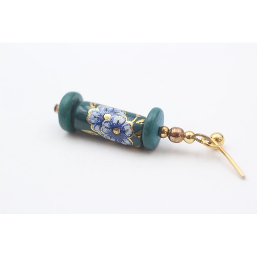 31 - 9ct Gold Blue Gemstone Drop Earrings With Enamel Floral Motif (3g)