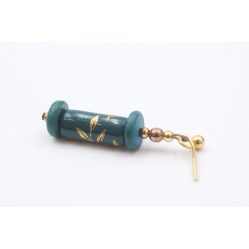 31 - 9ct Gold Blue Gemstone Drop Earrings With Enamel Floral Motif (3g)