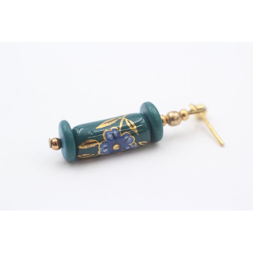 31 - 9ct Gold Blue Gemstone Drop Earrings With Enamel Floral Motif (3g)