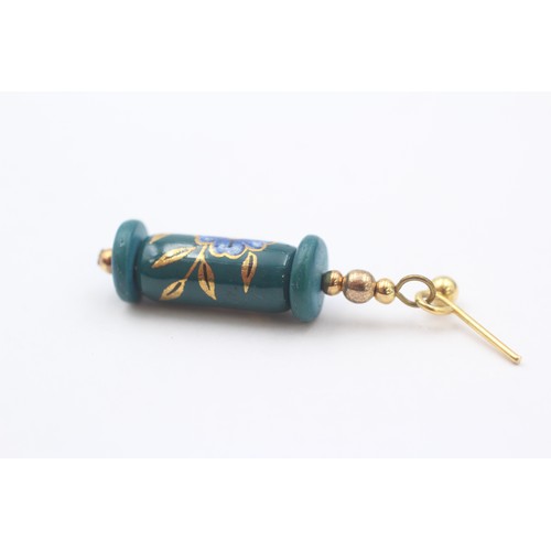 31 - 9ct Gold Blue Gemstone Drop Earrings With Enamel Floral Motif (3g)