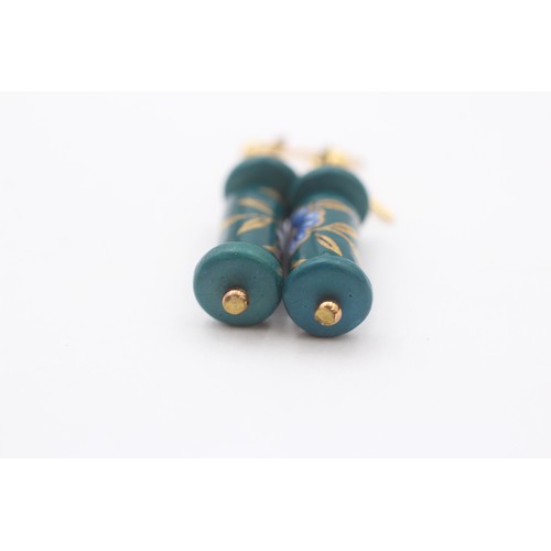 31 - 9ct Gold Blue Gemstone Drop Earrings With Enamel Floral Motif (3g)