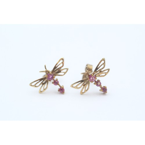 42 - 9ct Gold Ruby Dragonfly Stud Earrings (1.3g)