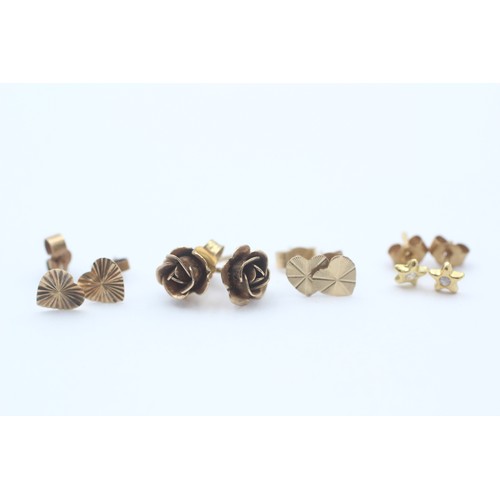 47 - 4 X 9ct Gold Stud Earrings Inc. Clear Gemstone, Heart & Rose (1.5g)