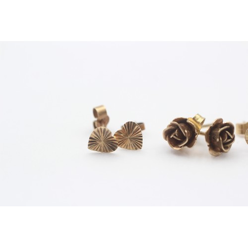 47 - 4 X 9ct Gold Stud Earrings Inc. Clear Gemstone, Heart & Rose (1.5g)