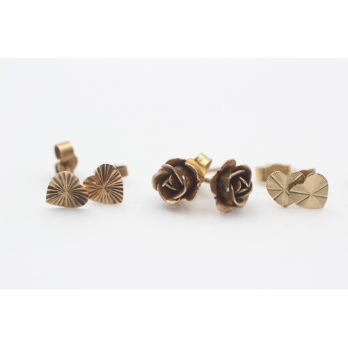 47 - 4 X 9ct Gold Stud Earrings Inc. Clear Gemstone, Heart & Rose (1.5g)