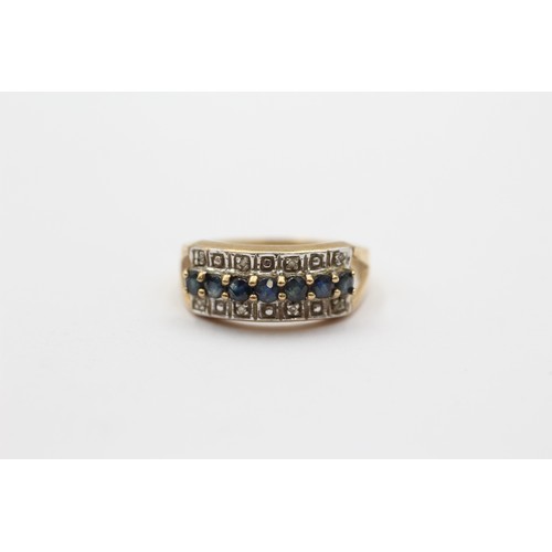 52 - 9ct Gold Diamond & Sapphire Three Row Band Ring (2.3g)- Size M