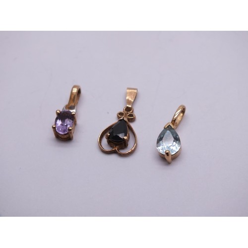 24 - 3 X 9ct Gold Sapphire, Topaz & Amethyst Pendants (1.6g)