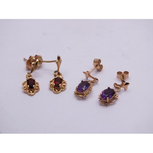28 - 2 X 9ct Gold Amethyst & Garnet Drop Earrings (1.9g)