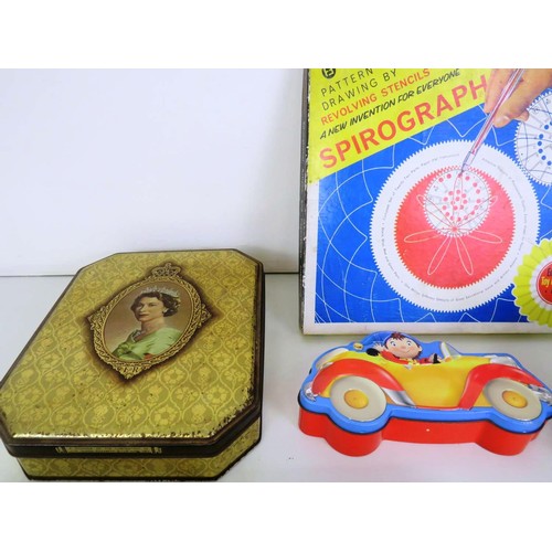 106 - MISC LOT INCLUDES VINTAGE TINS, SPIROGRAPH (COMPLETE) and CHIVERS ALARM CLOCK etc