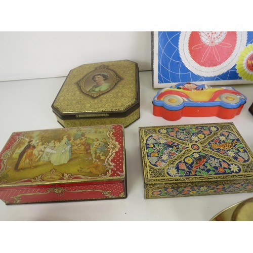 106 - MISC LOT INCLUDES VINTAGE TINS, SPIROGRAPH (COMPLETE) and CHIVERS ALARM CLOCK etc