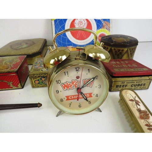 106 - MISC LOT INCLUDES VINTAGE TINS, SPIROGRAPH (COMPLETE) and CHIVERS ALARM CLOCK etc