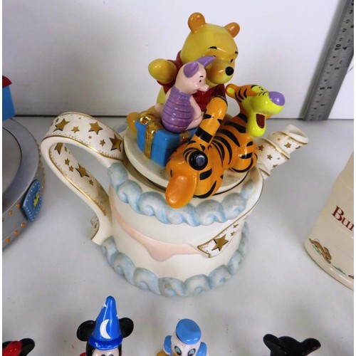 108 - COLLECTION OF CERAMIC DISNEY FIGURES, WINNIE THE POOH BIRTHDAY CAKE TEAPOT, BEATRIX POTTER and A MUS... 