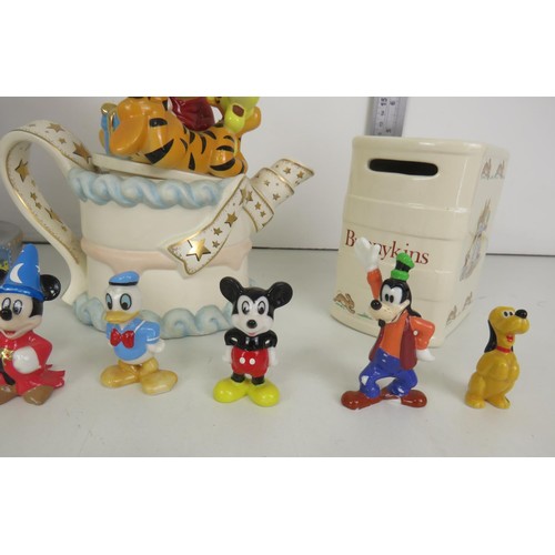 108 - COLLECTION OF CERAMIC DISNEY FIGURES, WINNIE THE POOH BIRTHDAY CAKE TEAPOT, BEATRIX POTTER and A MUS... 