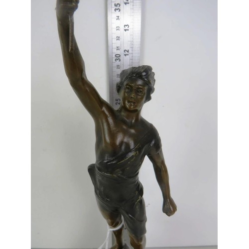 115 - FRENCH SPELTER FIGURE OF A MAN STANDING ON A LION