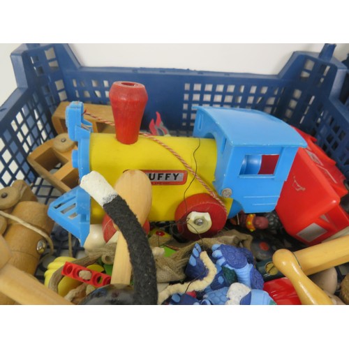 222 - 4 x TRAYS OF MISCELLANEOUS INCLUDES TOYS PHOTO FRAMES AND VINTAGE TRAIN TRACKS  AND ACCESSORIES