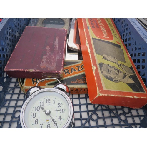 222 - 4 x TRAYS OF MISCELLANEOUS INCLUDES TOYS PHOTO FRAMES AND VINTAGE TRAIN TRACKS  AND ACCESSORIES