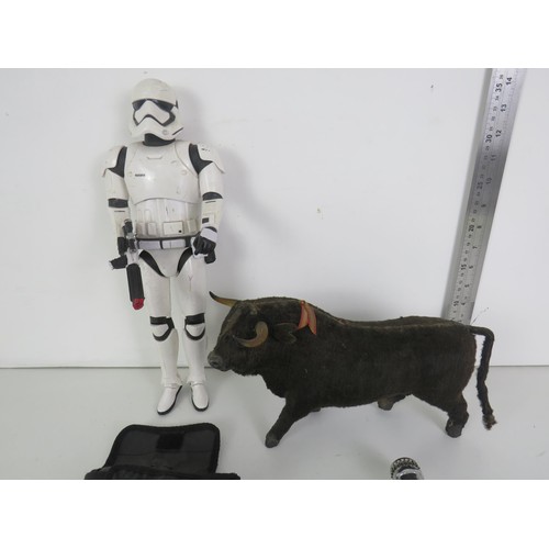 149 - MISCELLANEOUS ITEMS INCLUDES BINOCULARS STORM TROOPER, BULL AND COCA COLA BAR BOTTLE OPENER