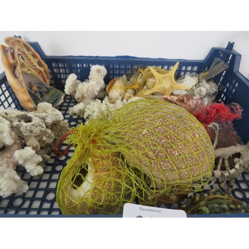 312 - LARGE COLLECTION OF SEASHELLS/CORAL STARFISH, SEAHORSES AND RESIN SCULPTURES ETC