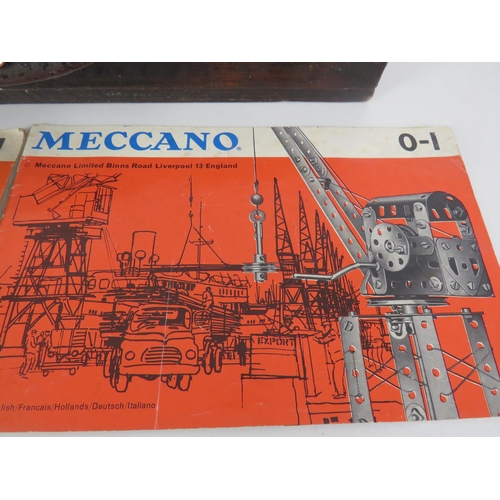 155 - WOODEN BOX AND MECCANO PARTS AND BOOKS