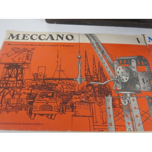 155 - WOODEN BOX AND MECCANO PARTS AND BOOKS