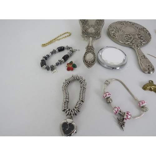 163 - MIXED LOT OF BRACELETS, CHAINS, FOBS, MIRROR, BRUSH ETC