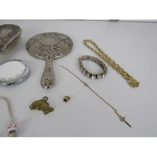 163 - MIXED LOT OF BRACELETS, CHAINS, FOBS, MIRROR, BRUSH ETC