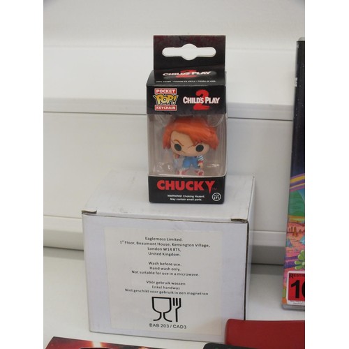 12 - COLLECTABLE TOYS & DVD'S INCLUDES CHUCKY, PENNYWISE IT, TOY AXE, DC MUG etc -  ALL AS NEW