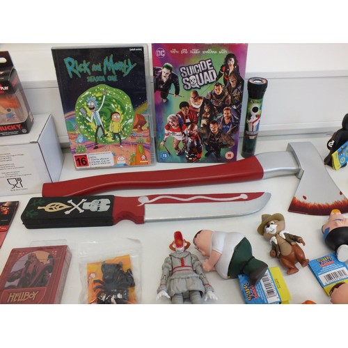 12 - COLLECTABLE TOYS & DVD'S INCLUDES CHUCKY, PENNYWISE IT, TOY AXE, DC MUG etc -  ALL AS NEW