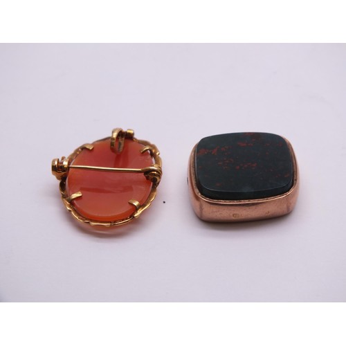 56 - 9ct GOLD CAMEO BROOCH AND 9ct ROSE GOLD FOB WITH BLOODSTONE